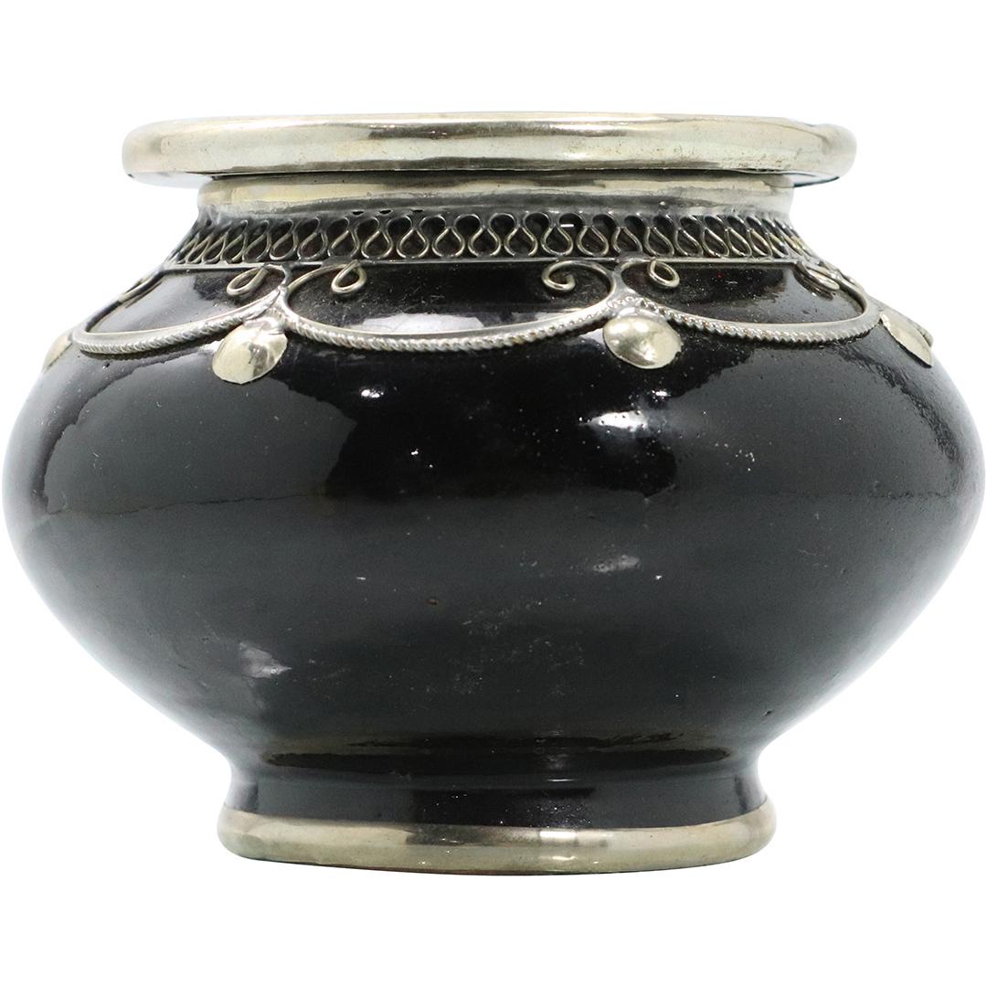 Unique Black Glaze Red Ware Bowl Fancy Silver Rim (1 of 6)