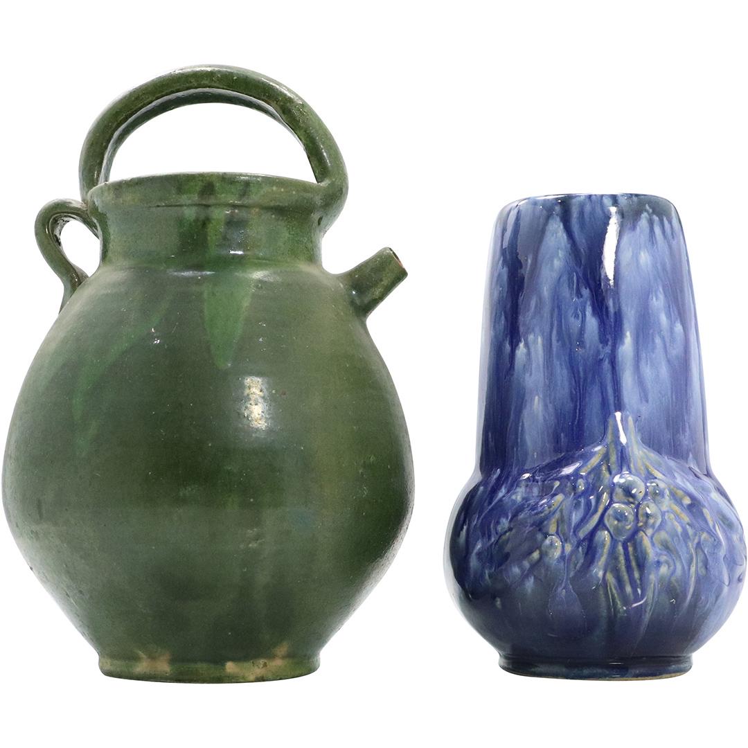 Vintage Art Pottery Green Pitcher and Blue Glazed Vase (1 of 8)