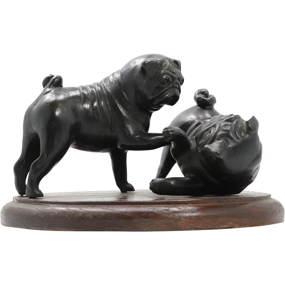 Bronze Grouping 2 Playful Pug Dogs Mounted on Wood Base (1 of 6)