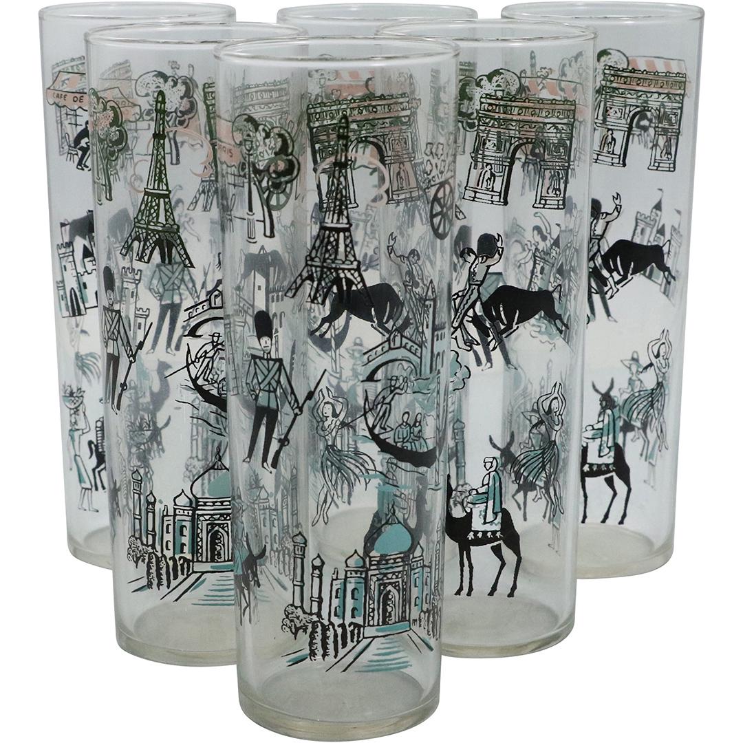 6 Mid-Century Drinking Glasses Scenes Around The World (1 of 9)