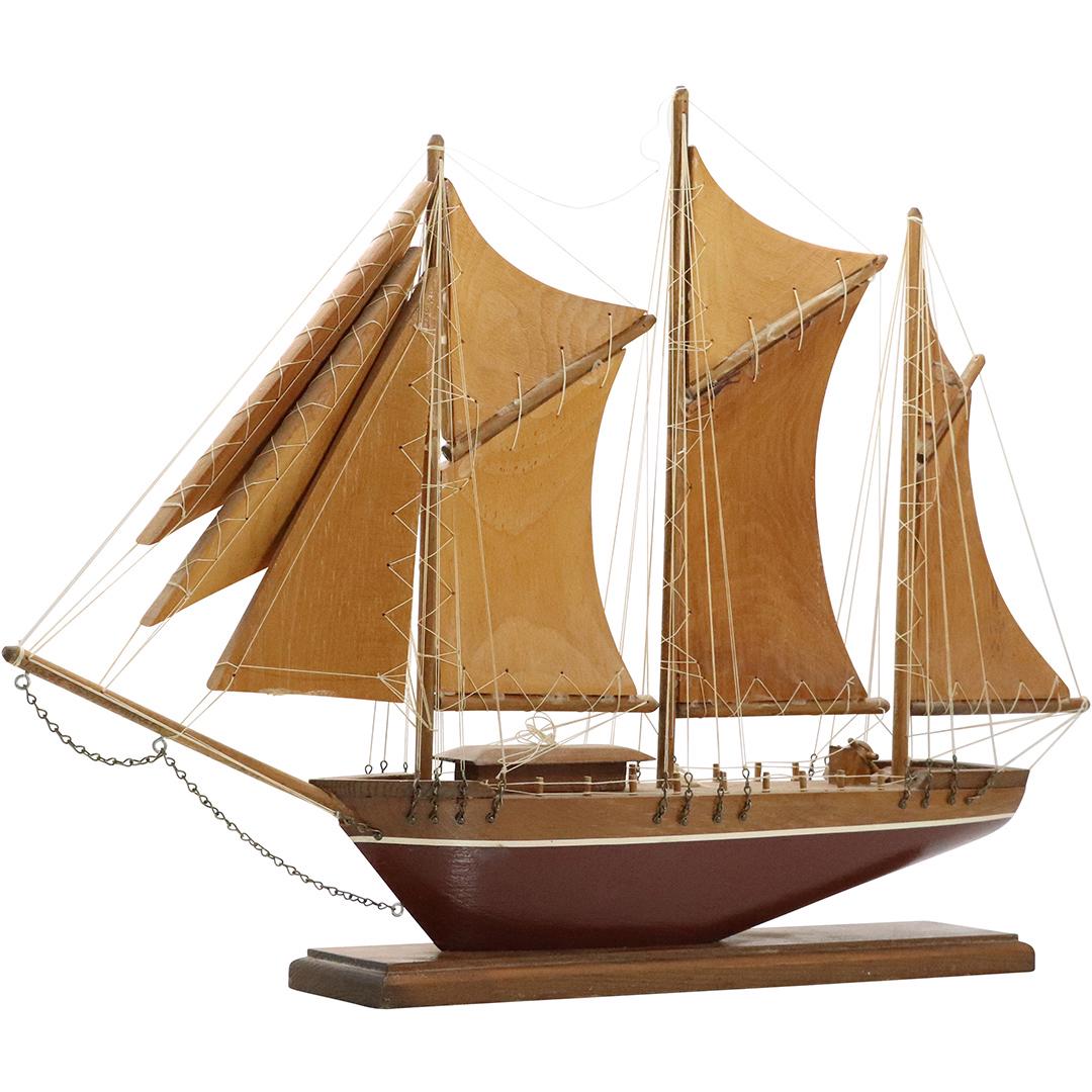 Vintage Sail Ship Model Boat with Wooden Sails: Vintage Sail Ship Model Boat with Wooden Sails. Original patina finish. Size: 17h x 25L