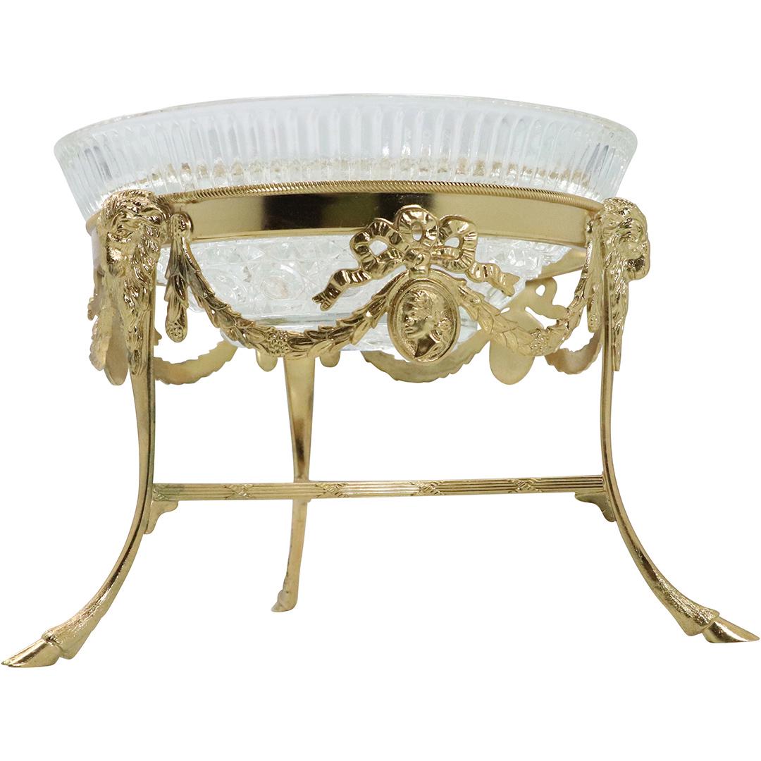 Pairpoint Gold Plated Fitted Stand with Crystal Bowl: Pairpoint Gold Plated Fitted Stand with Crystal Glass Insert Bowl. High Quality. Formal Regency, Stand has slayed legs with hoof feet. Signed and numbered. Size: glass 2.5hx7.5 diameter inches, 6.5h x