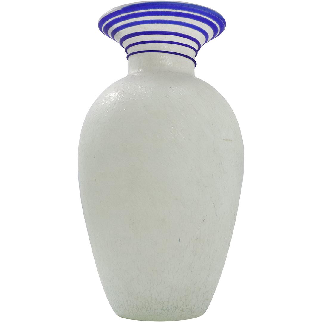Mid-Century Modern White Art Glass Vase Blue Thread Top (1 of 6)