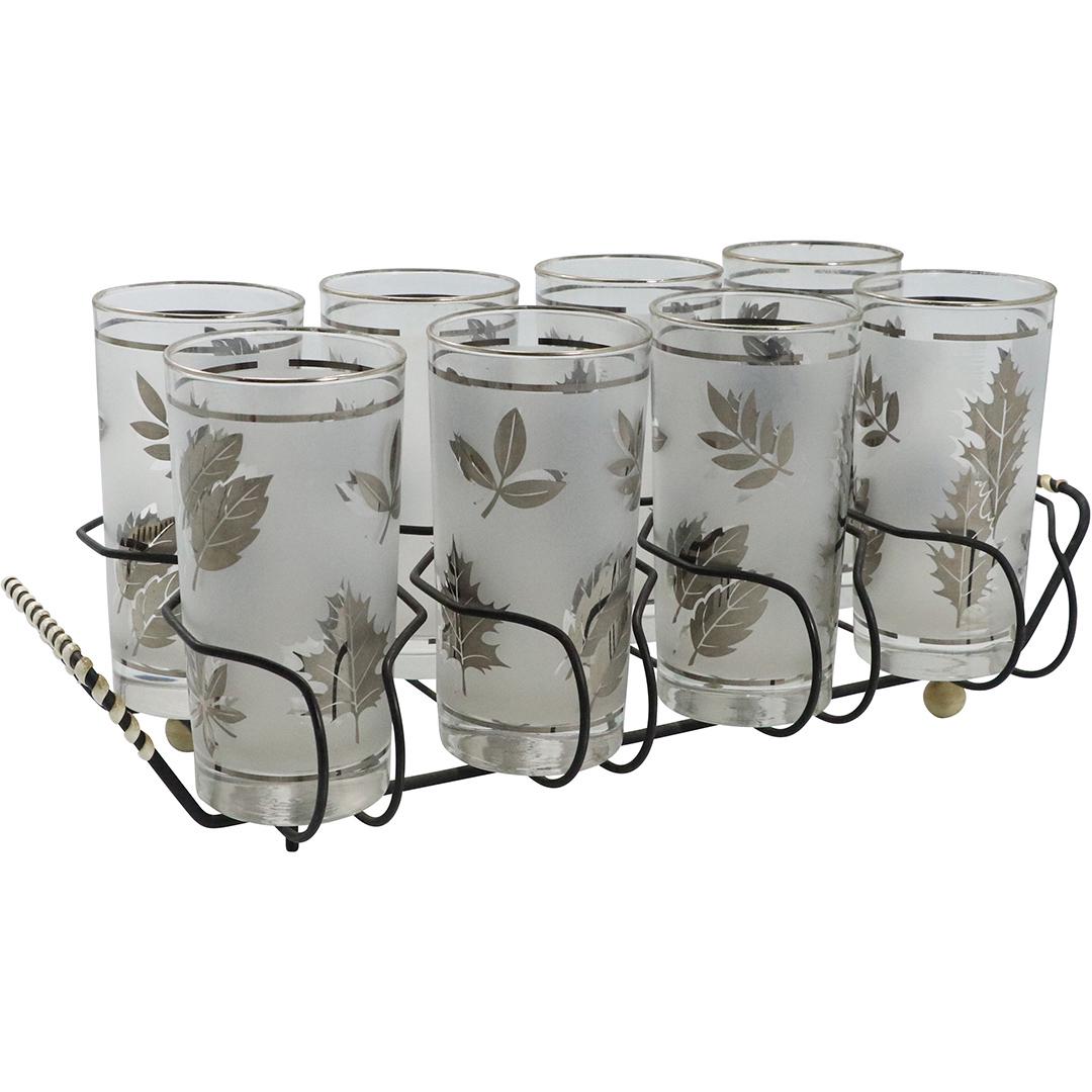 8 Mid-Century Modern "Leaf" Glasses in Caddy Holder: 8 Mid-Century Modern "Leaf" Glasses in Caddy Holder. Size: 5.5h glasses, 16lx8wx3h inches holder
