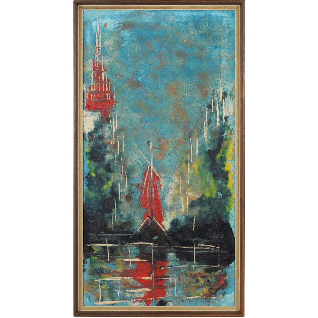 Mid-Century Modern Abstract Boats Signed Illegible (1 of 8)