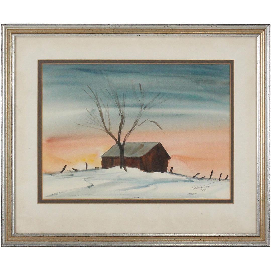 Herbert West 1970, Watercolor Barn in Winter Landscape (1 of 9)
