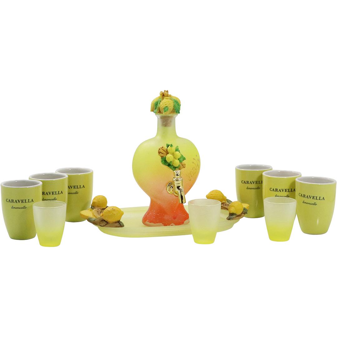Lemon Citrus Dispenser, Tray and Tumblers, Cordials: Lemon Citrus Dispenser, Tray and Tumblers, Cordials. Size: 9.5L x 5.5w tray, 7h x 3.5w bottle, 3h x 2w shots, 2h x 1.75w shots