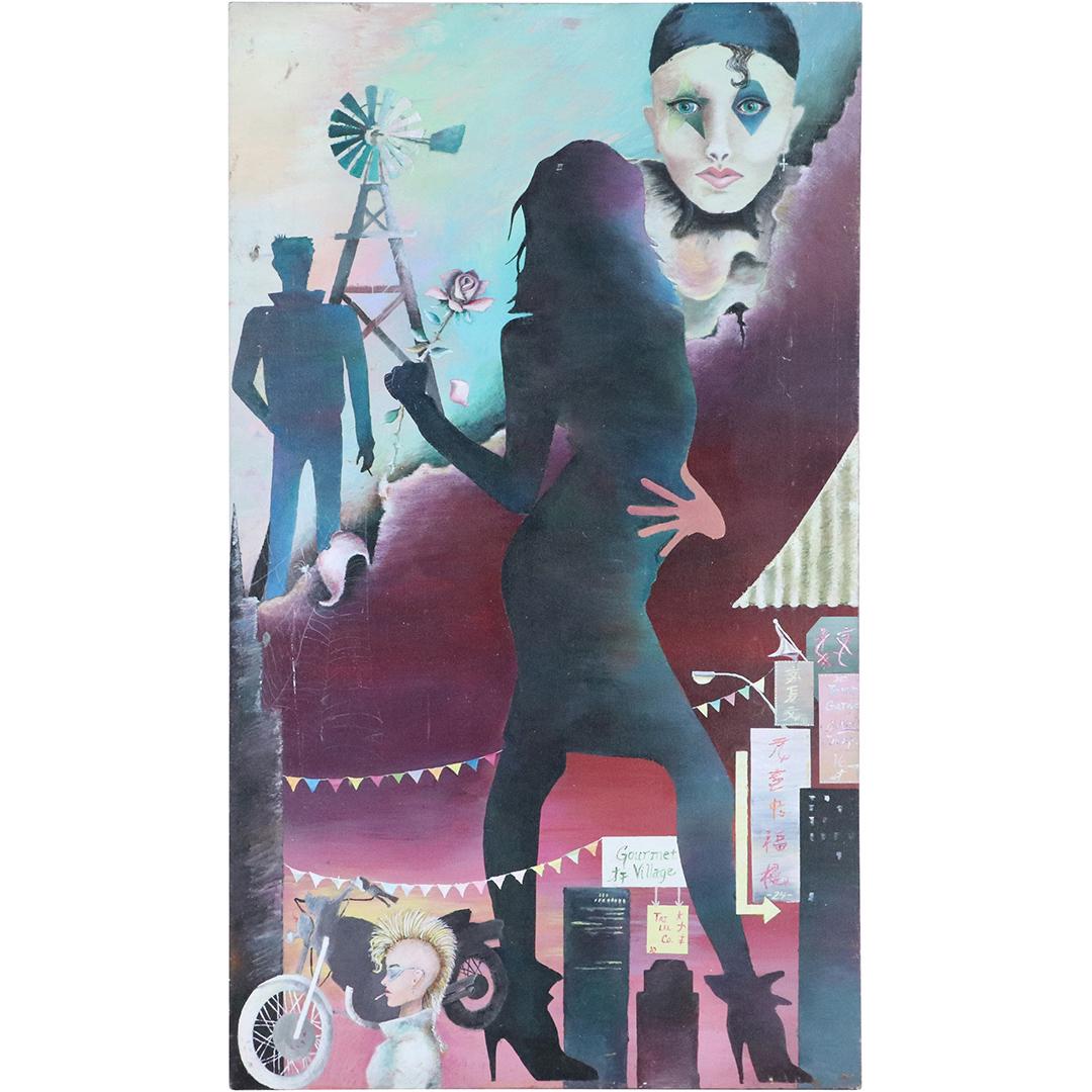 20th C. Chinatown, Harlequin, Mohawk Hair Biker, Wind: 20th C. Chinatown, Harlequin, Mohawk Hair Biker, Wind Mill. Surrealism oil on canvas painting,. Size: 45x26