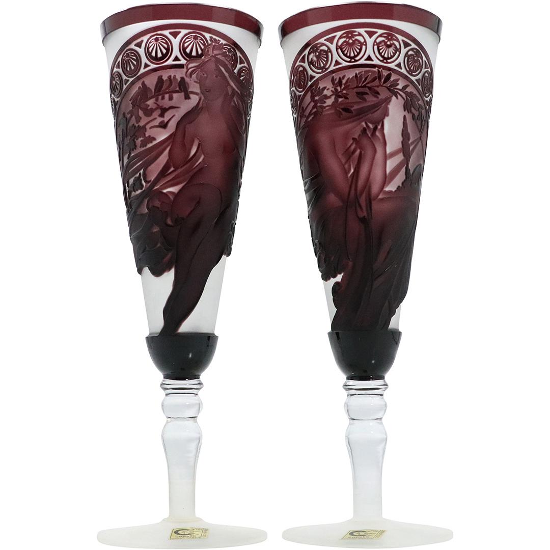 [2] Toasting Glasses Etched Women by Capella Czech Rep.: Hand made, woman etched glass, stemmed wine / toasting glasses, Cranberry over frosted glass by Capella. Made in the Czech Republic. Original label. Size: 8.25h x 2.75w