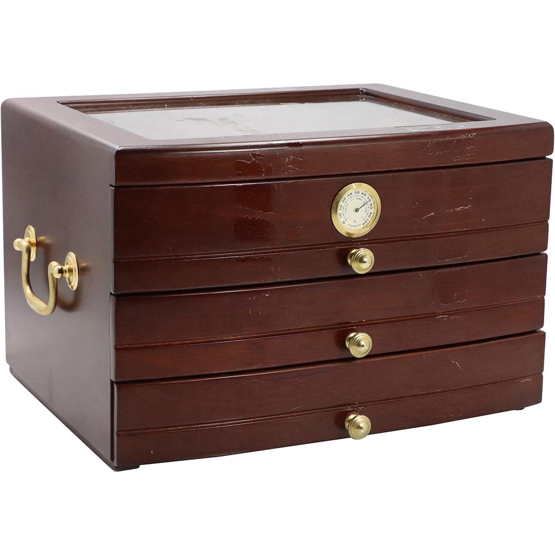 Cigar Humidor with 3 Drawers and Hygrometer Gauge: Cigar Humidor with 3 Drawers and Hygrometer Gauge. Polished Mahogany Case. Size: 8.5h x 13L x 10.5w