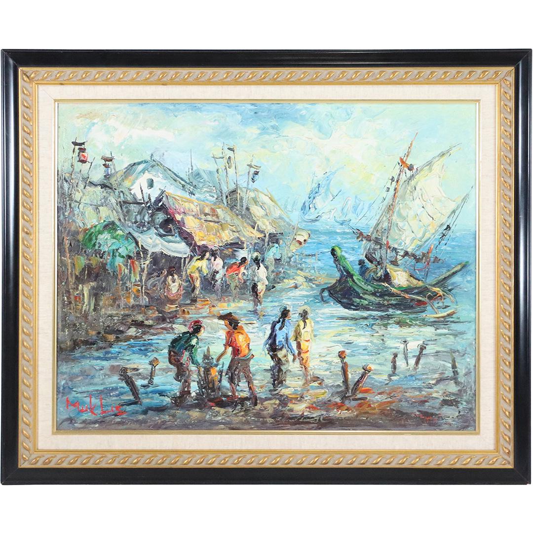 Muk Lis, Oil/b Painting, Vietnamese Village Seacoast: Muk Lis, Oil/b Painting, Vietnamese Village Seacoast with figures, fishing boat, village homes. Oil on board painting, Signed, Framed. Size: 22x27 image, 28x33.5 outside frame