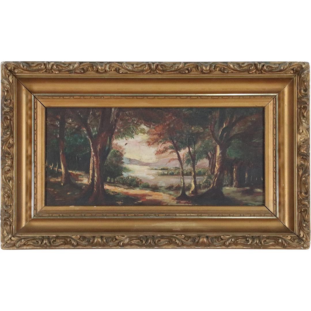 1920s Oil Painting Dense Forest Opening to River View (1 of 7)