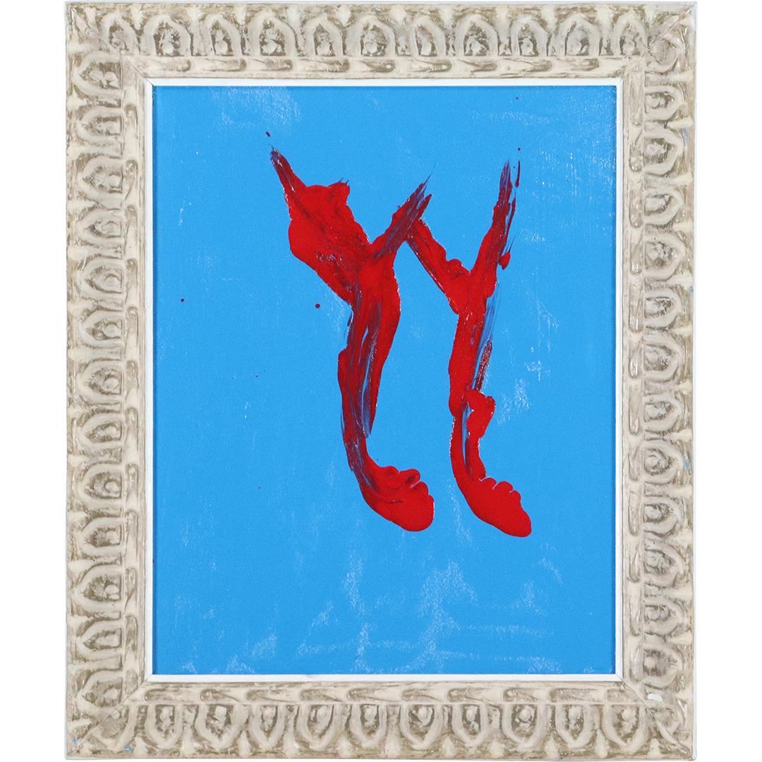 Thomas Pulgini, Listed American, Abstract Red on Blue: Thomas Pulgini, Listed American, Abstract Red on Blue. Oil on board painting, Signed on verso, Framed. Well listed American Artist. Size: 20x16 image, 24.75x20.75 outside frame. ASKart: Thomas Pulgini