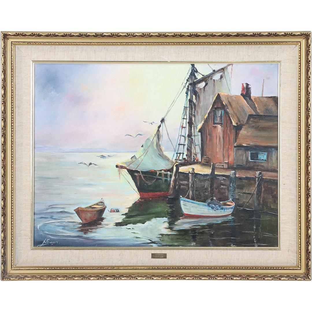 J W Feinhals, Oil Painting Cape Ann Fishing Dock: J W Feinhals, Oil Painting Cape Ann Fishing Dock. Oil on canvas painting. Signed, Framed. Vintage. Size: 18x24 image, 23.75x29.75 outside frame