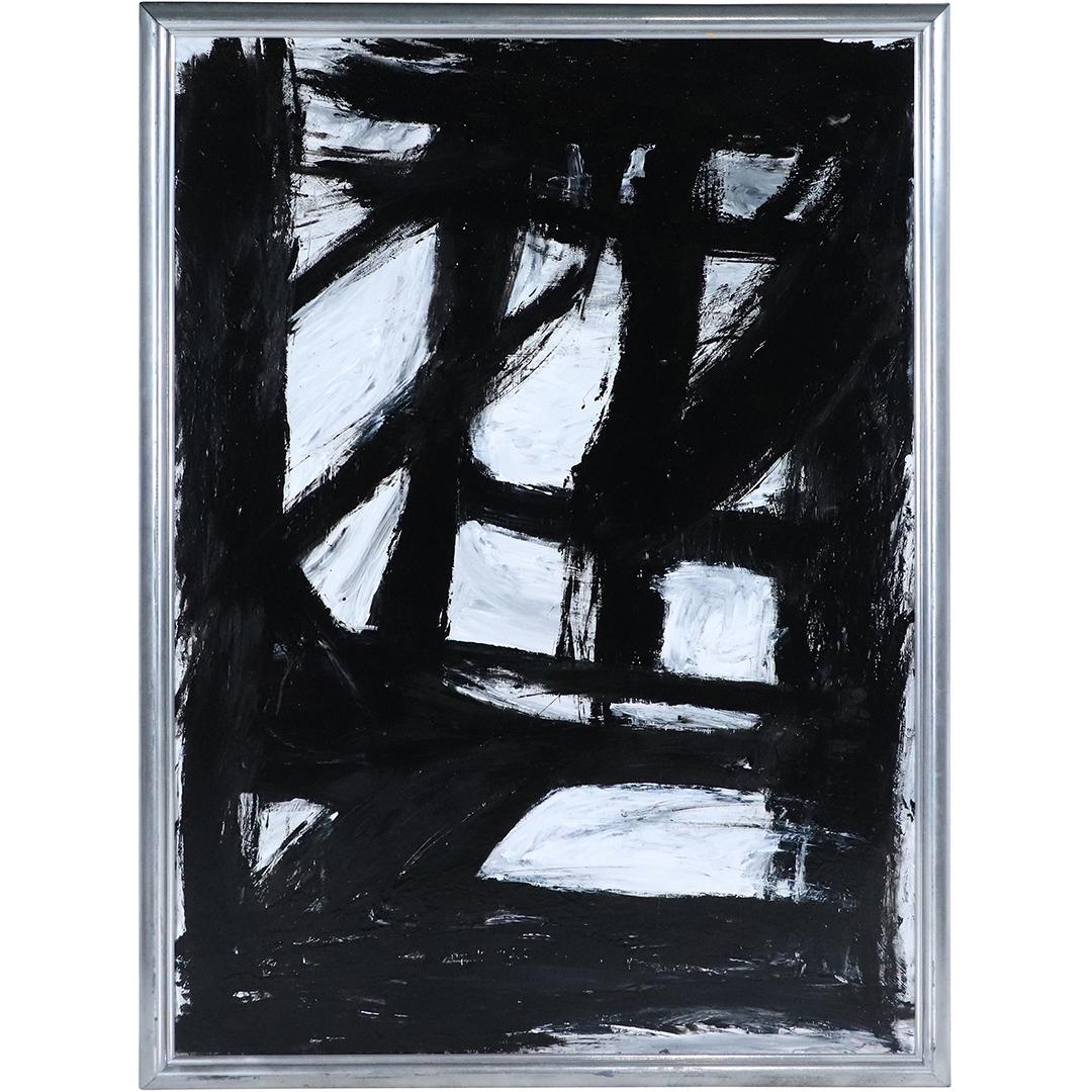 Thomas Pulgini, Listed American Black Lines on White Ob: Thomas Pulgini, Listed American Black Lines on White after Franz Kline. Oil on board painting, signed on verso. framed. Well listed American Artist. Size: 53x37.5 image, 55.25x39.75 outside frame. ASK