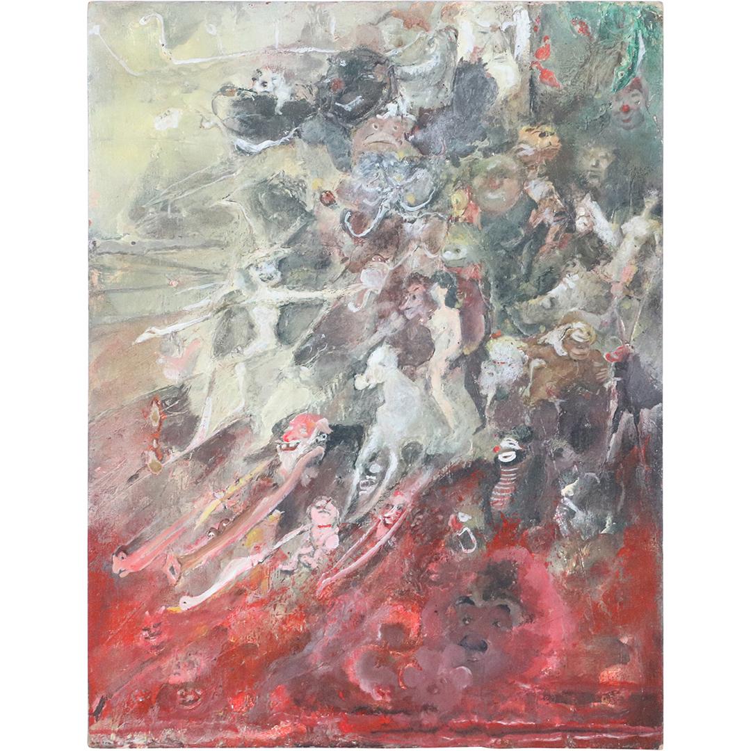 Surrealism Oil Painting Lady on Horse, Clowns, Faces: Surrealism Oil Painting Lady on Horse, Clowns, Faces. Oil on board painting. Vintage. Size: 24x18