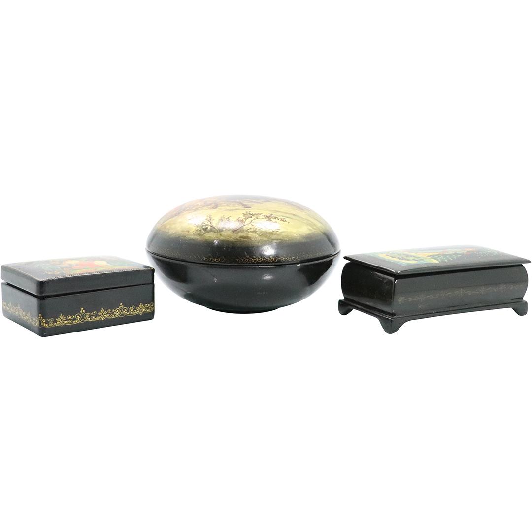 3 Assorted Russian Lacquered Trinket Boxes Hand Painted (1 of 10)