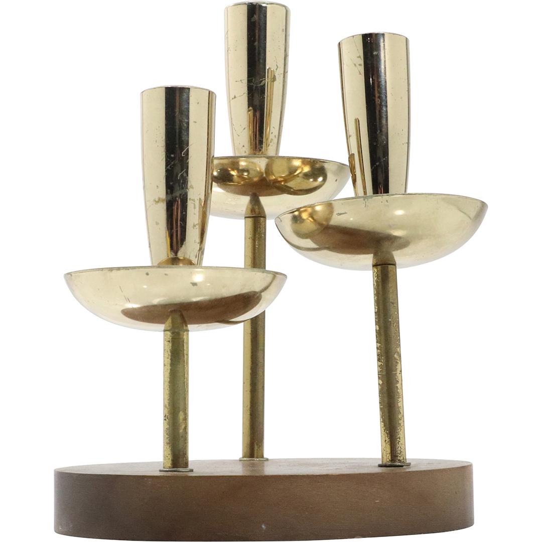 Mid-Century Modern Brass Triple Candlestick, Teak Base (1 of 7)