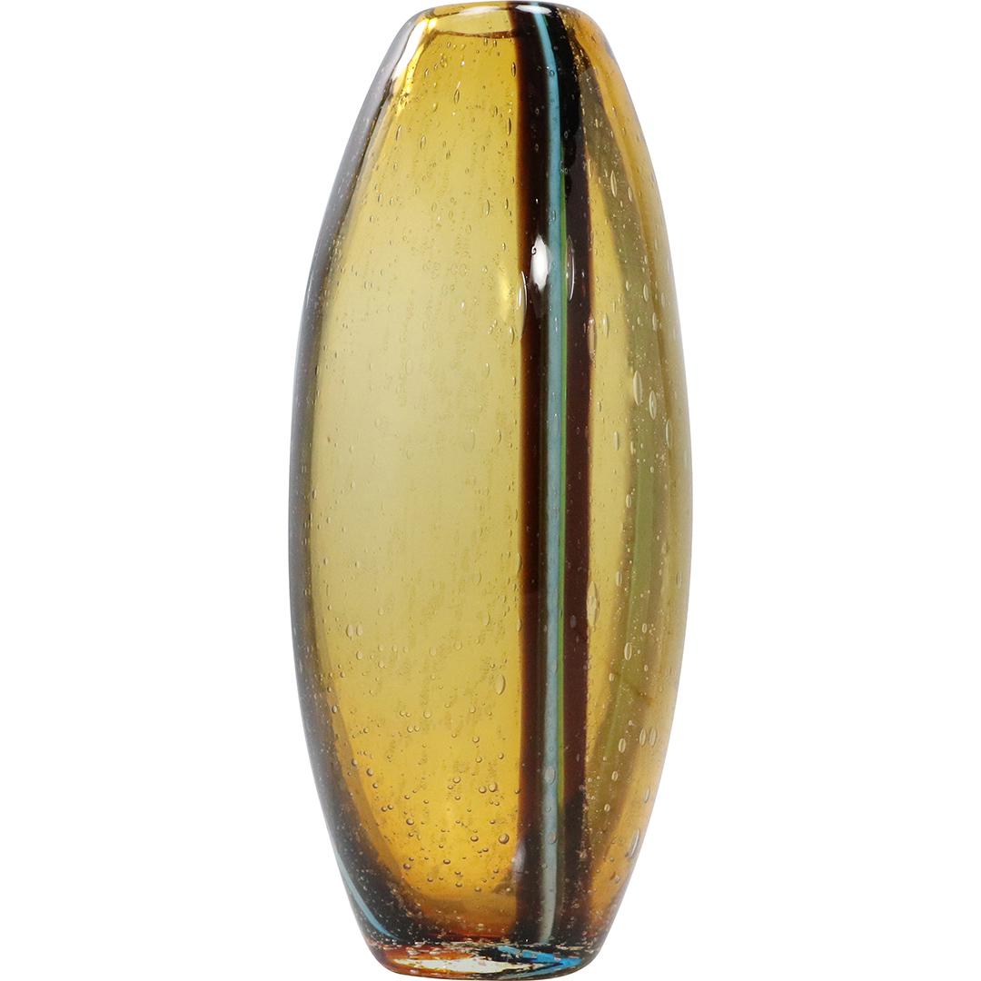 Amber Art Glass Vase with Verticle Blue Brown Stripe (1 of 5)