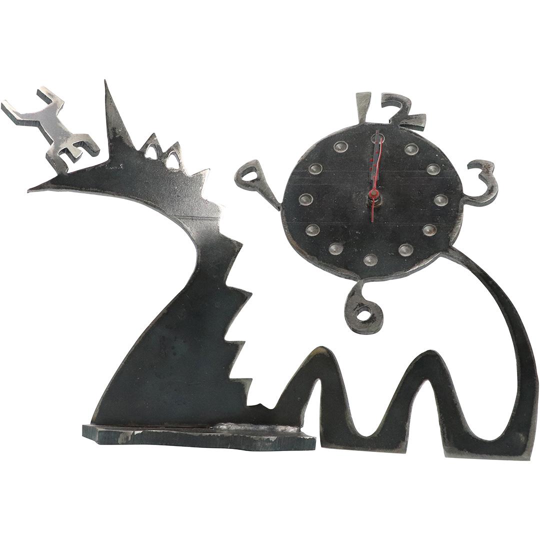 Keith Haring Style Metal Pop Art Clock: Keith Haring Style Metal Pop Art Clock. Original patina finish. Size: 9.75h x 13w
