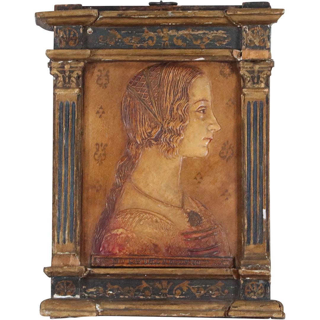after Domenico Ghirlandaio, Renaissance Woman Portrait: after Domenico Ghirlandaio, Renaissance Woman Portrait in relief. Original frame. Size: 9.5x7 image, 12.5x10 outside frame