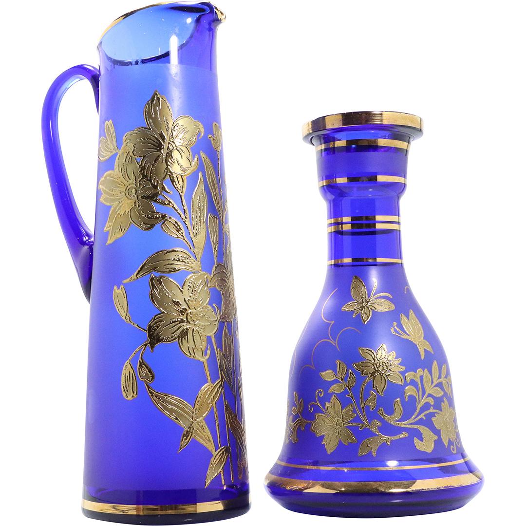 2 Cobalt Blue Glass Heavy Gold Floral Pitcher, Decanter (1 of 10)