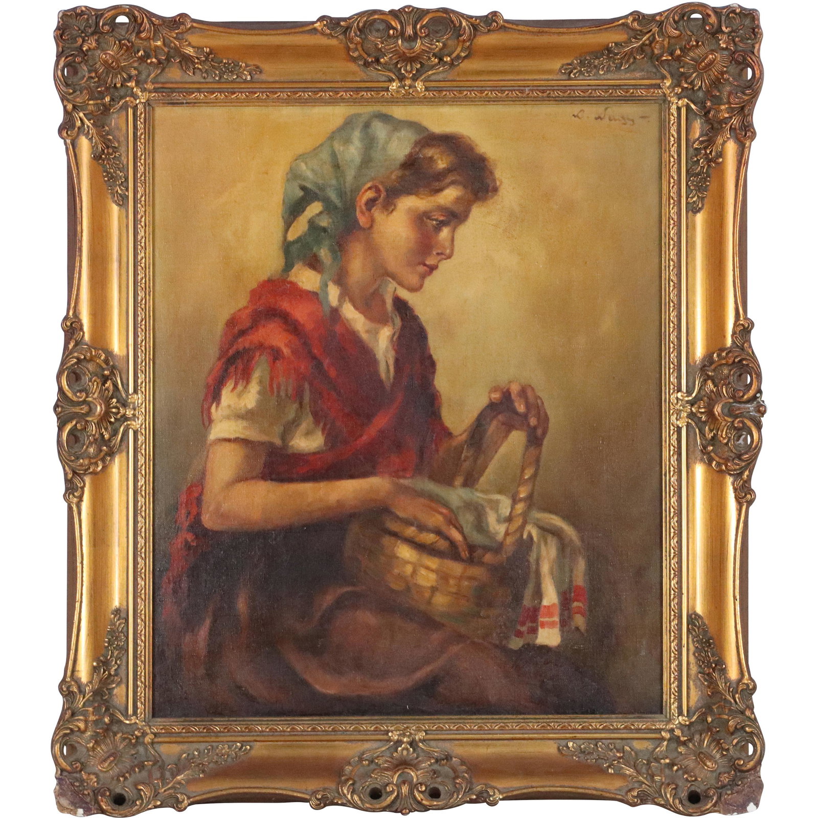 Vintage Oil Painting Woman Holding Basket, Signed (1 of 7)