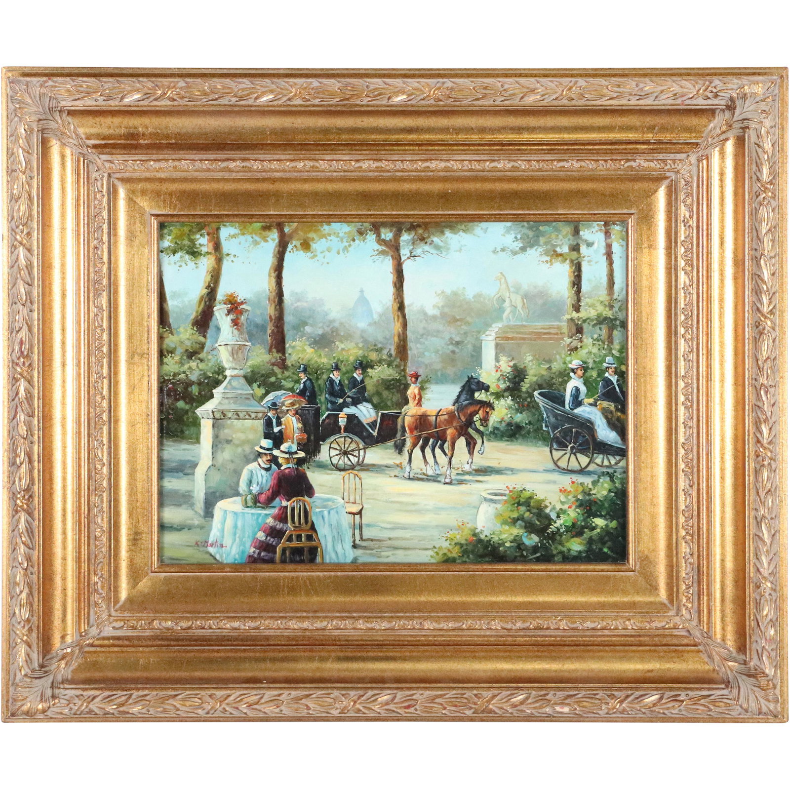 K Martin, 20th C. Oil/b Horse Drawn Carriages in Park (1 of 8)