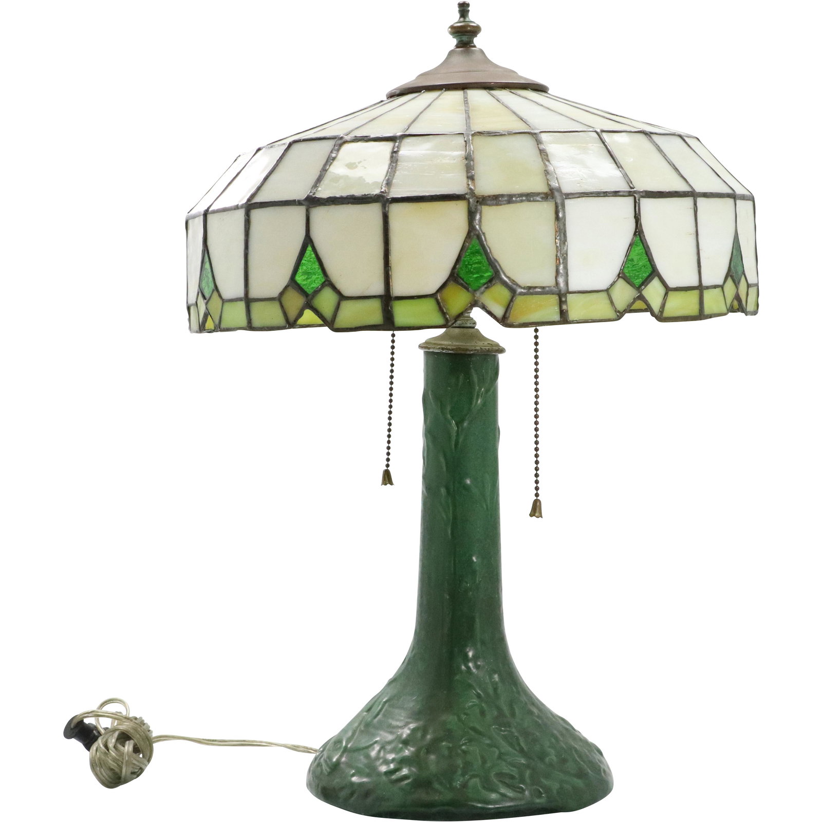 Green WELLER Pottery Base Lamp with Leaded Glass Shade (1 of 11)