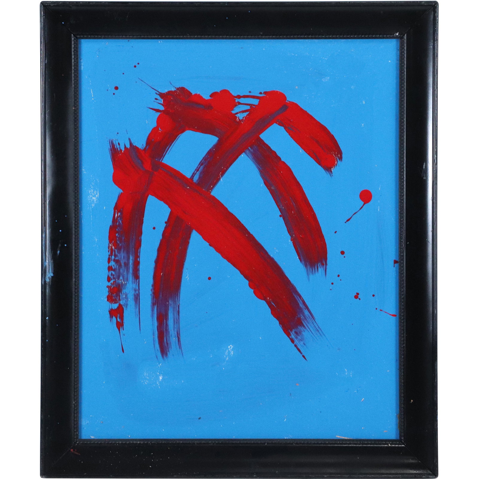 Thomas Pulgini, Listed American, Abstract Red on Blue: Thomas Pulgini, Listed American, Abstract Red on Blue. Oil on board painting. Signed on verso, framed. Well listed American Artist. Size: 22.5x17.5 image, 26x21.5 outside frame. ASKart: Thomas Pulgini