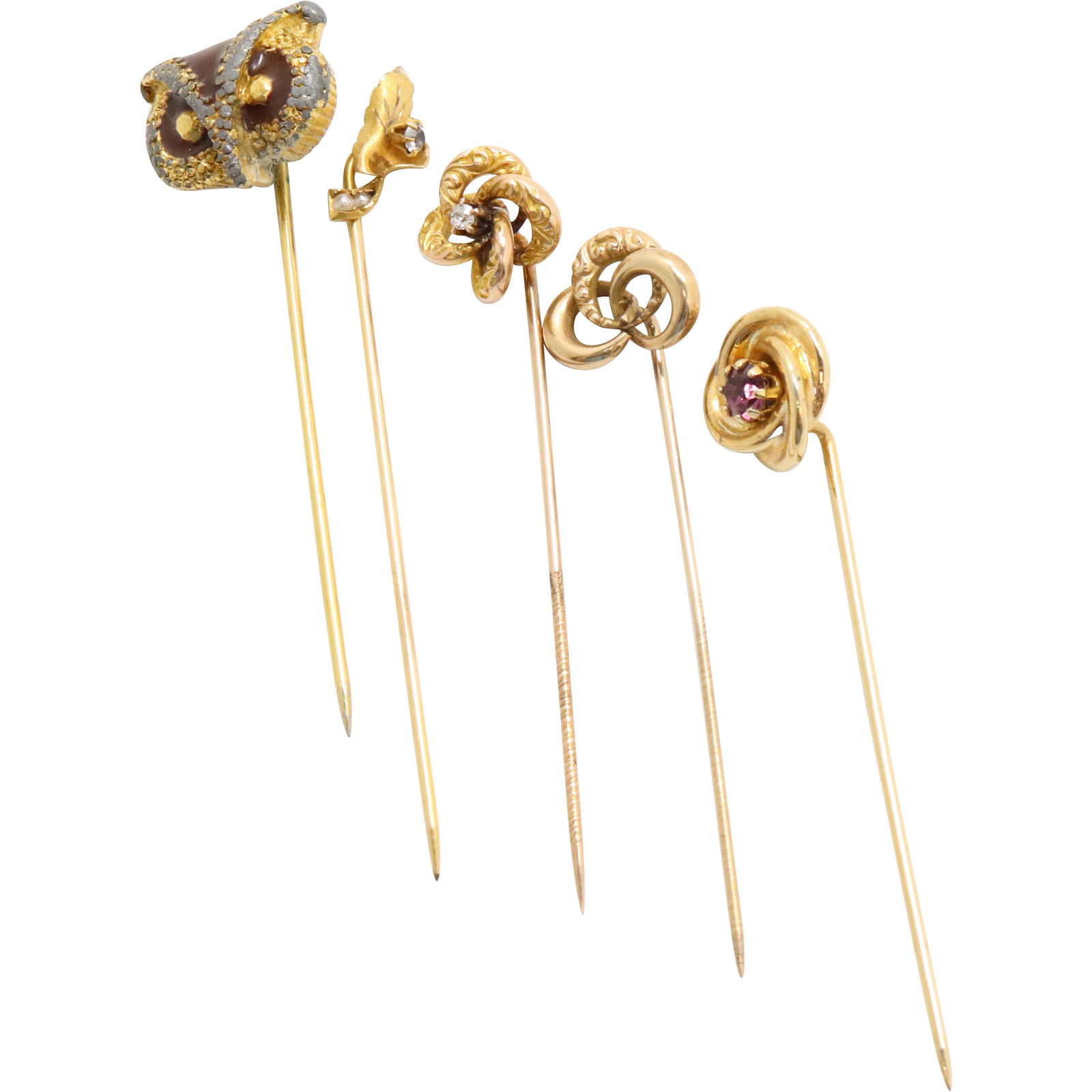 [3] 14K Gold Diamond Stick Pins & 2 Costume Stick Pins (1 of 5)