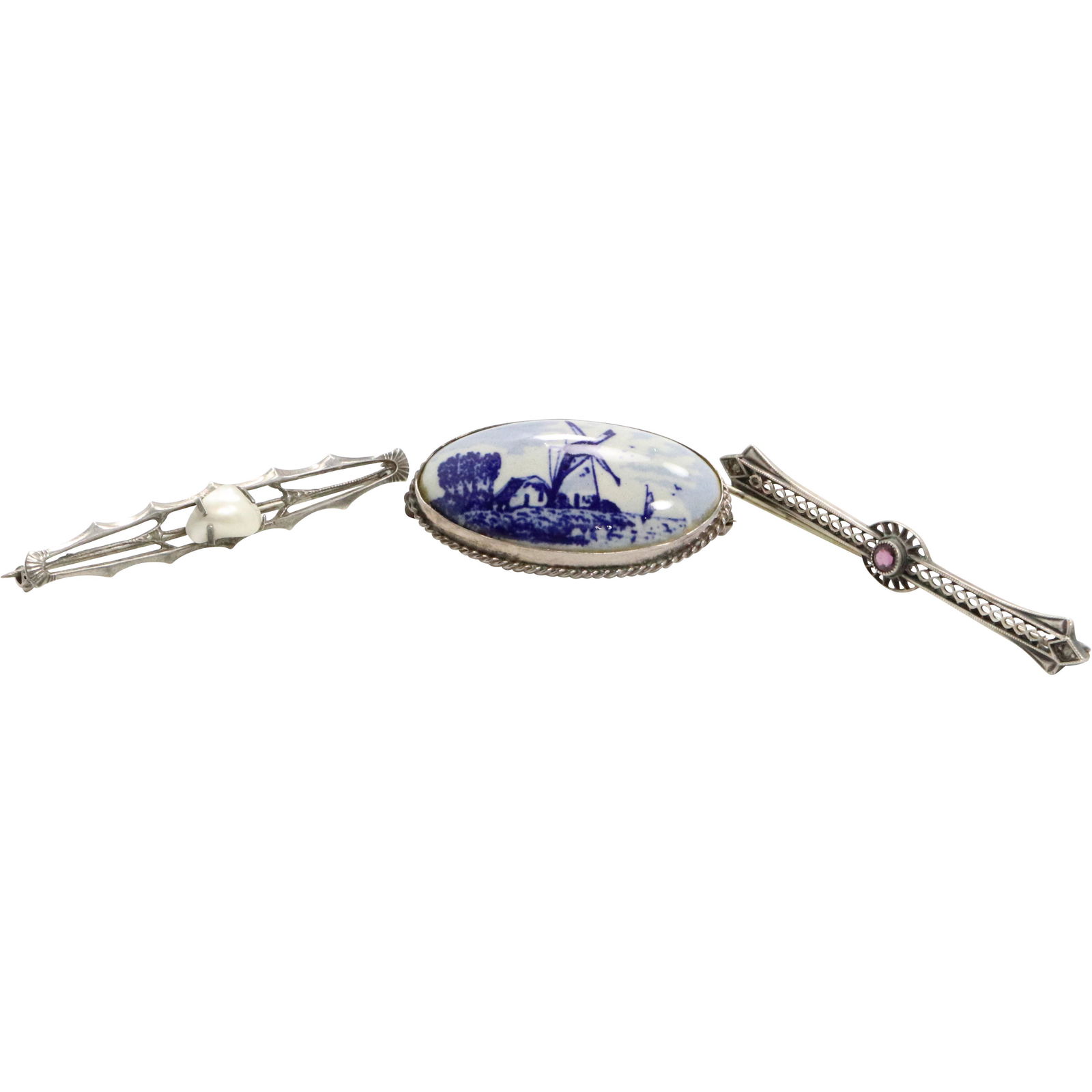 [2] Sterling Bar Pins & Sterling Delft Porcelain Brooch (1 of 8)