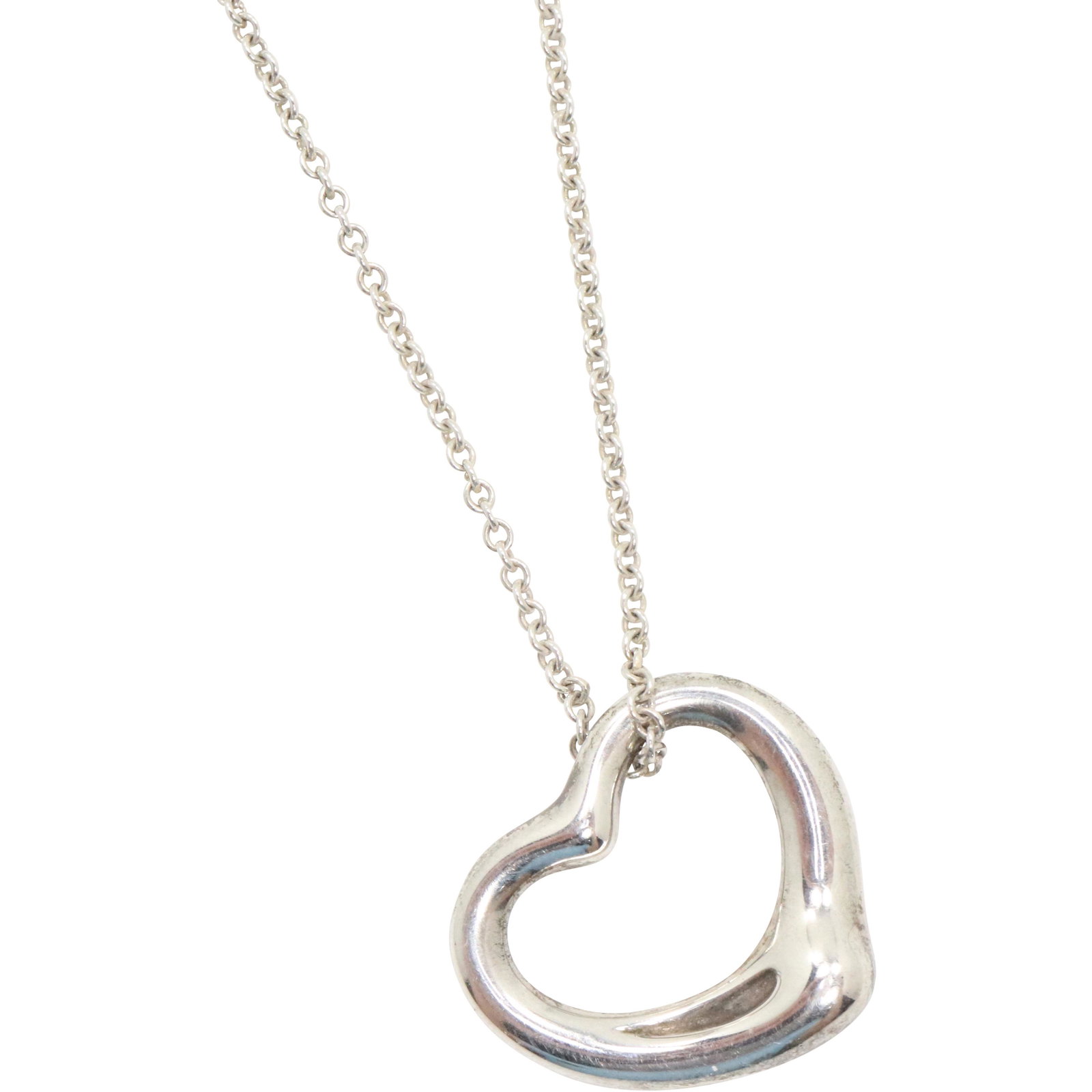 TIFFANY & CO ELSA PERETTI.925 Sterling Heart Necklace: TIFFANY & CO ELSA PERETTI.925 Sterling Heart Necklace. marked: Tiffany & Co .925 on both, heart : Elsa Peretti ; Size: heart 7/8 in. ; chain 16 in. length