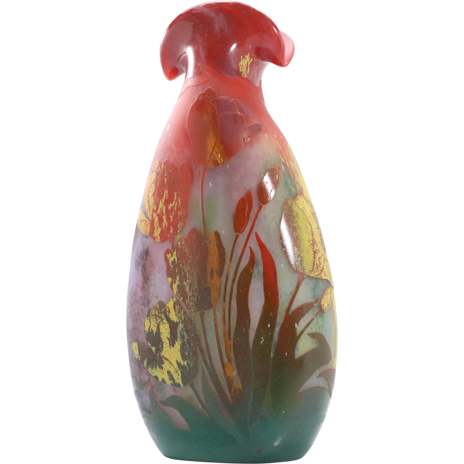 Daum Nancy French Cameo Glass Vase Signed: Daum Nancy French Cameo Glass Vase Signed.Large French cameo glass vase. Wheel cut, four-color tulip decoration. Signed; 17in.H. x 8in.W.