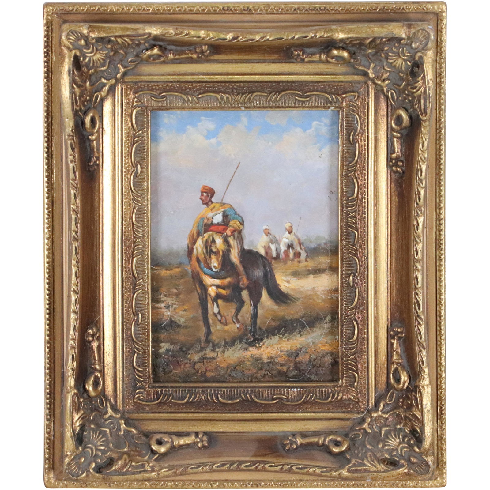 Arabian Scout on Horse Oil Painting, Framed: Arabian Scout on Horse Oil Painting, Framed. Oil on board. Size: 7x5 image, 11.5x9.5 outside frame