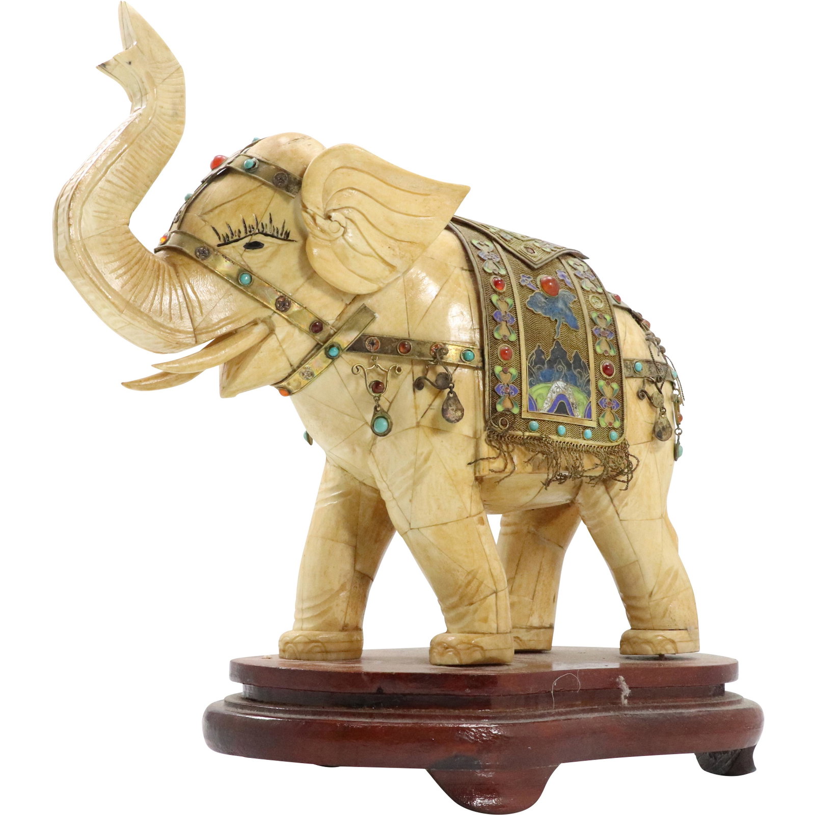 Bone Elephant Sculpture with Brass Enamel Saddle: Bone Elephant Sculpture with Brass Enamel Saddle. Teak base. Size: 13h x 12L