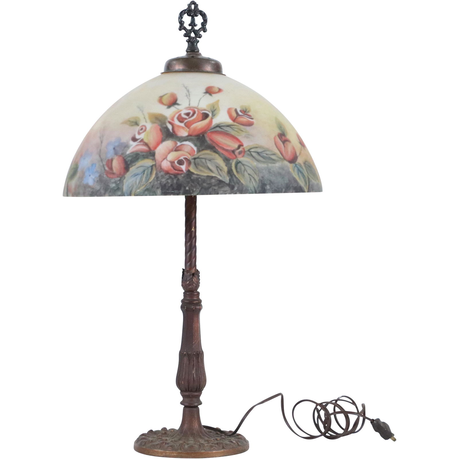 Reverse Painted Roses Glass Shade Table Lamp (1 of 12)