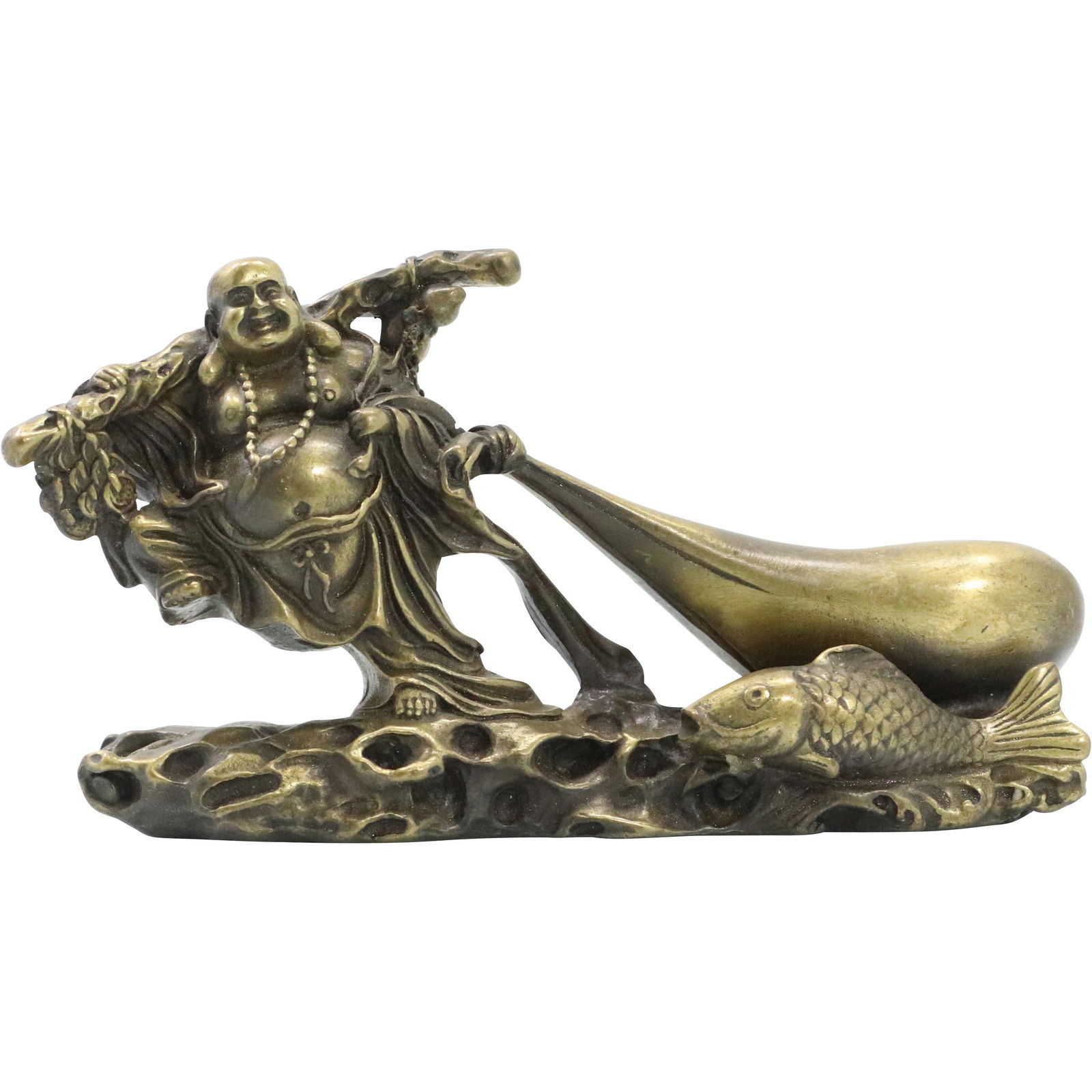 Chinese FengShui Bronze Laughing Buddha Pulling Bag (1 of 6)