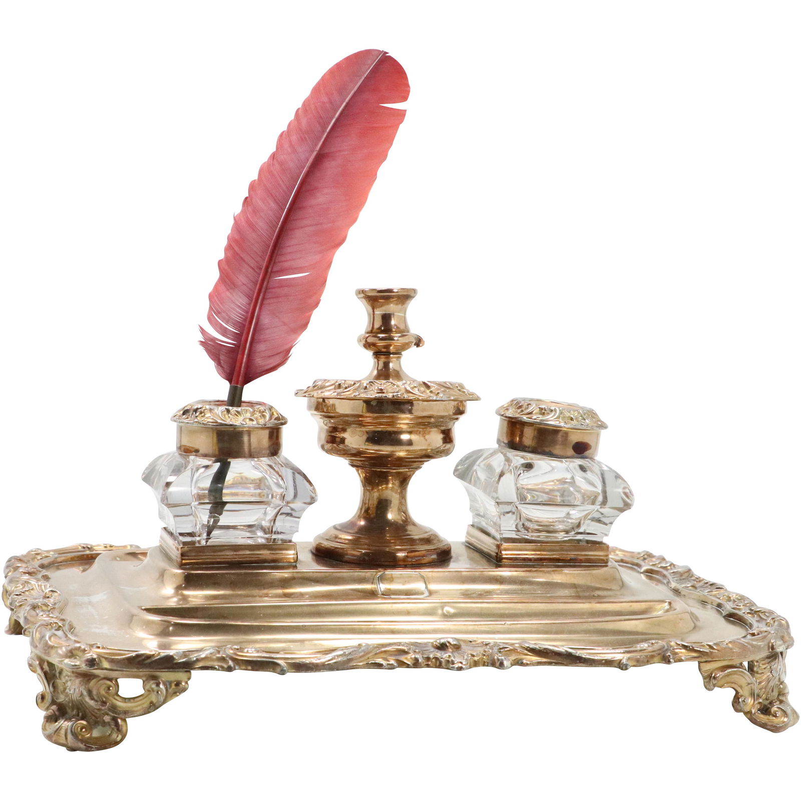 19th C. Continental Silver Plate Double Inkwell, Quill (1 of 8)