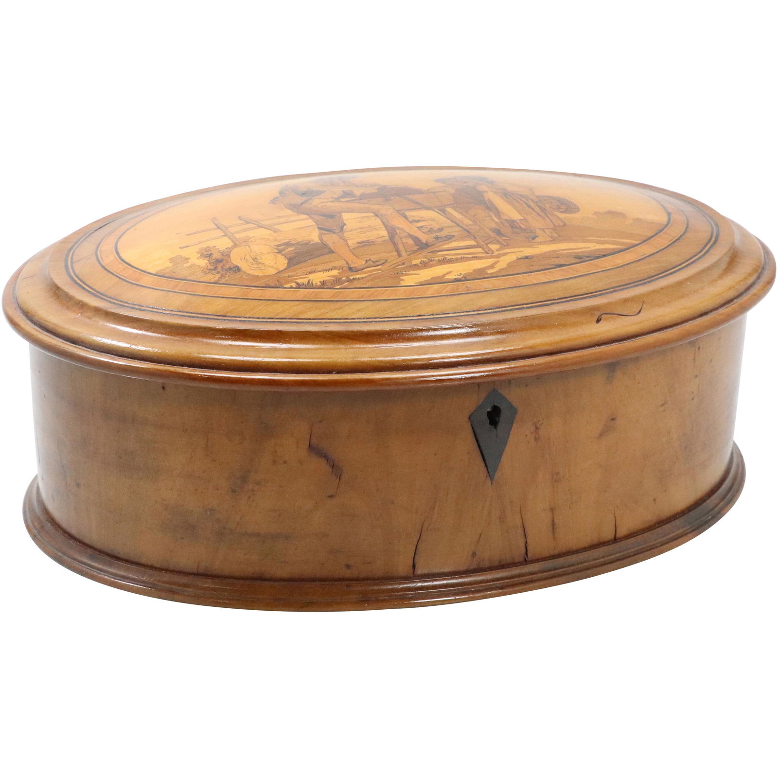 19th C. Continental Oval Wood Sewing Box Inlaid Scene (1 of 9)