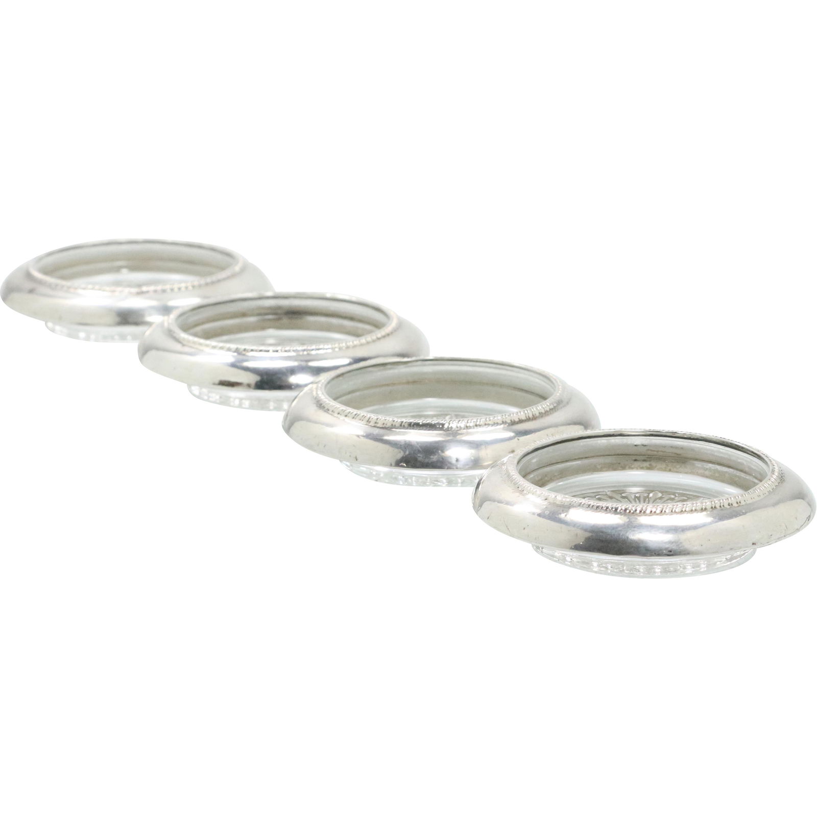 [4] Silver Rimmed Crystal Coasters: [4] Silver Rimmed Crystal Coasters. Size: 4dia