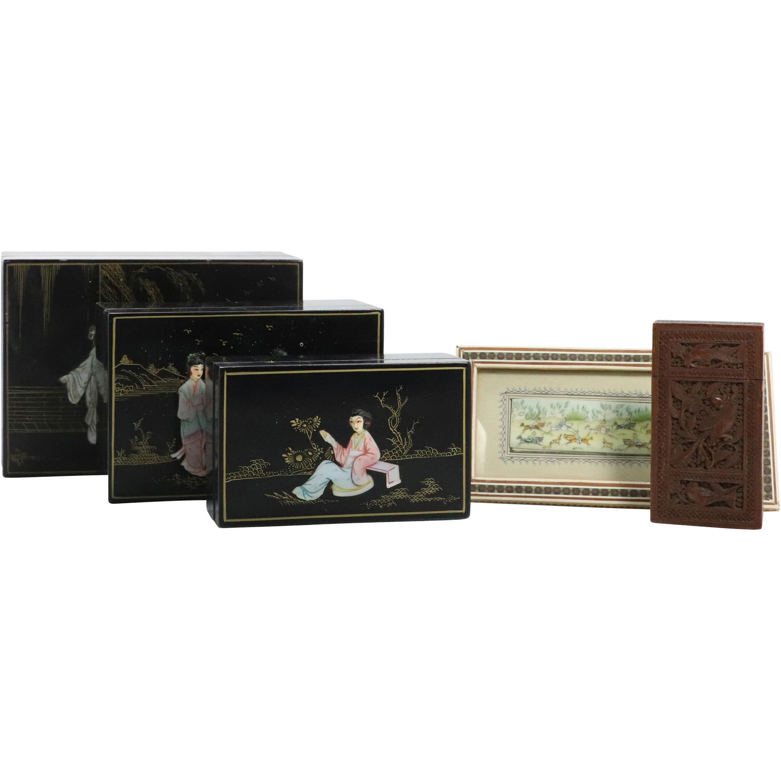 3 Asian Lacquer Boxes, Carved Wood Card Holder, Persian (1 of 9)