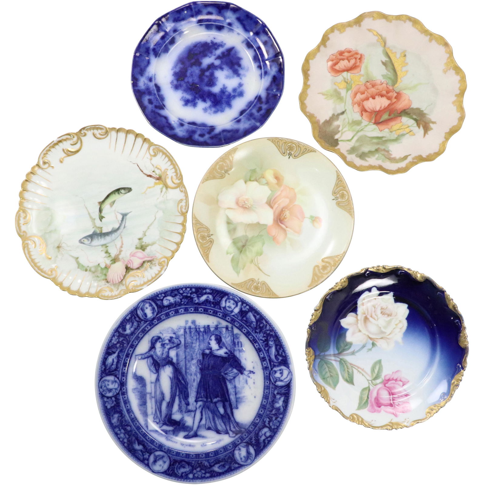 6 Assorted Antique Porcelain Plates, Flow Blue, Floral, (1 of 16)