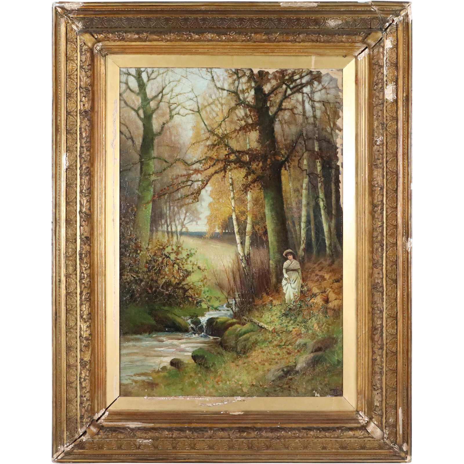 J Thomas 19th C. Oil Painting Woman Walking Near Stream (1 of 9)