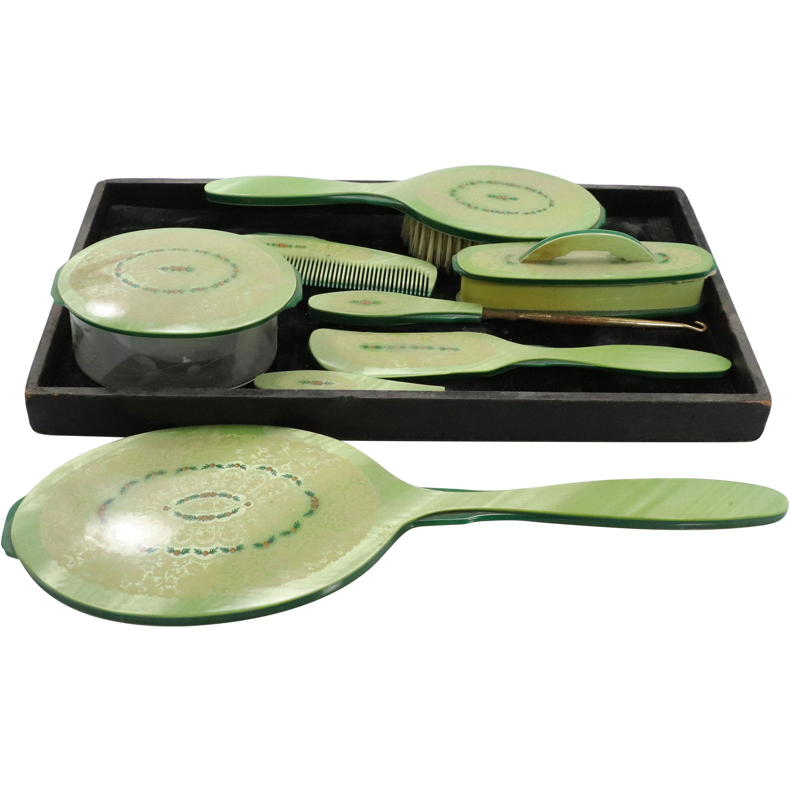 8 Pc Green Celluloid Dresser Set Comb Brush Mirror (1 of 8)