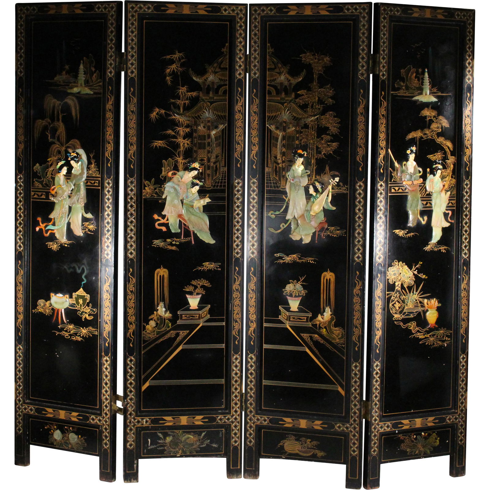 4-Panel Chinese Black Lacquer Folding Screen (1 of 16)