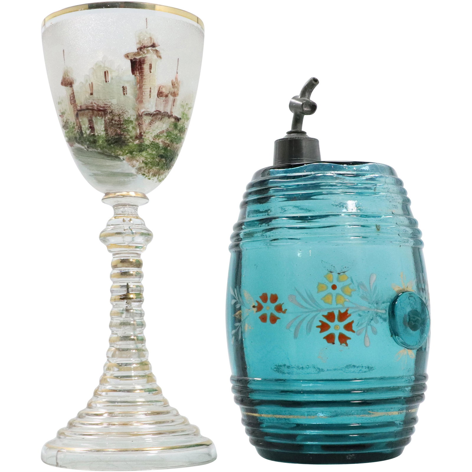 German Glass Chalice & Teal Blue Glass Barrel Dispenser: German Glass Chalice & Teal Blue Glass Barrel Dispenser. Size: 7.25h x 2.75w inches wine glass, 6.5h x 3.75 inches blue glass