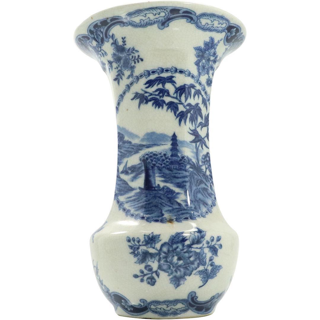 Blue and White Ironstone Scenic Vase with Flowers: Blue and White Ironstone Scenic Vase with Flowers. Size: 11.75h x 7.5w