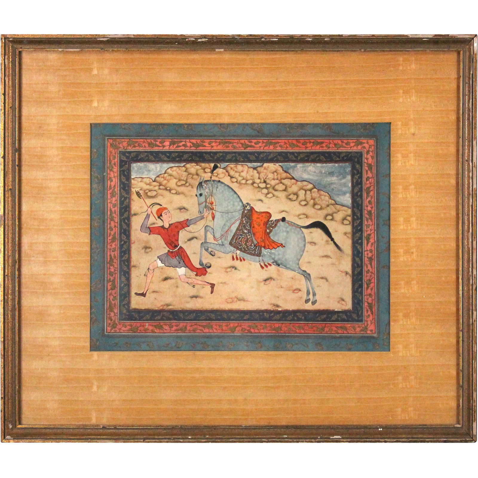 Persian Mughal Court Painting Horse Led By Runner: Persian Mughal Court Painting Horse Led By Runner. Framed. Information on verso. Size: 9x13 inside matting, 16x9 outside of image, 18x21 frame size