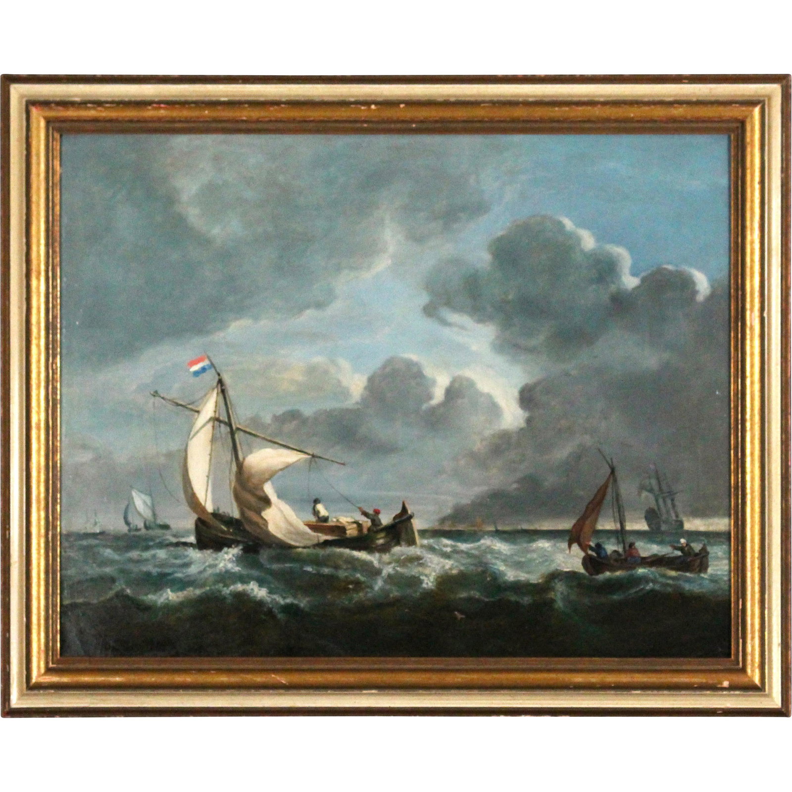 19th C. Ships on Rough Seas Oil Painting Unsigned: 19th. C. Ships on Rough Seas Oil Painting on board. Unsigned. Oil on board painting, Framed. Size 14x18 image, 17x21 frame